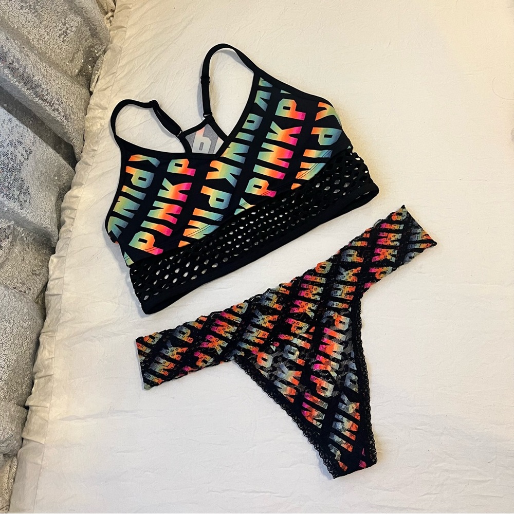 RARE Victoria’s Secret Pink Rainbow Logo Sports Bra & Thong SET